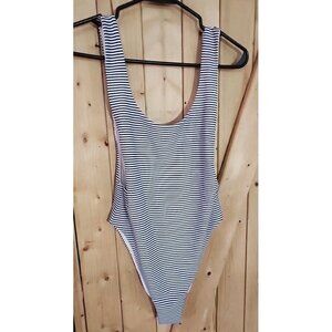 Aerie Super Scoop One Piece Swimsuit Size S Navy White Stripe Hi Cut Cheeky